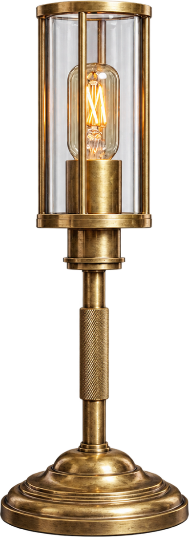 The Lost Courtyard — a solid brass hurricane lamp, its filament warming from dark to full